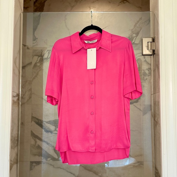 NWT Zara Satin Effect Button Down Blouse, Bright Pink, Med - Picture 2 of 7